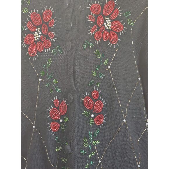 Victoria Jones Festive Beaded Floral Cardigan Sweater L - Picture 2 of 5